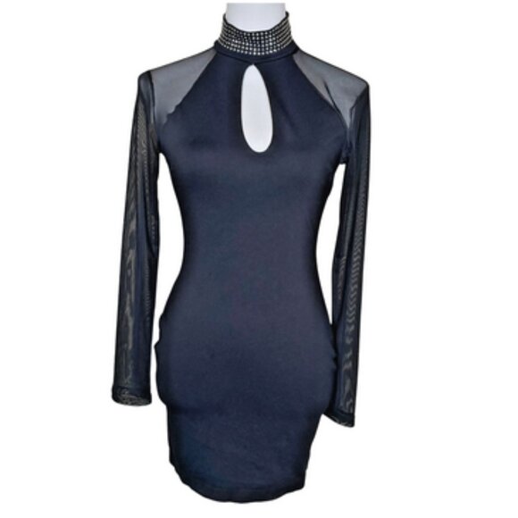 Windsor Black Studded Mesh Keyhole Bodycon Mini Dress Sz Med Going Out Feminine - Picture 1 of 11